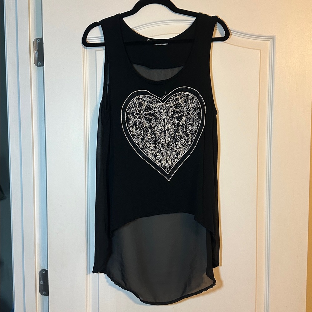 Rolla Coster Sheer High-Low Tank w/ Heart | Black | L
